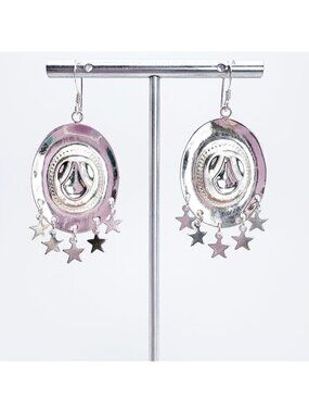 Cowboy Hat & Star Dangle Earrings VTG 925 Solid Sterling Silver 2" Length